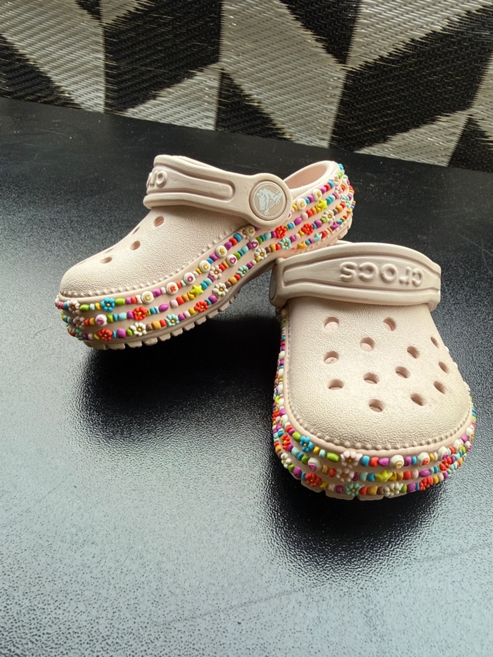 CROCS Kids Classic Clog in Light Pink with Multicolor Bead Trim